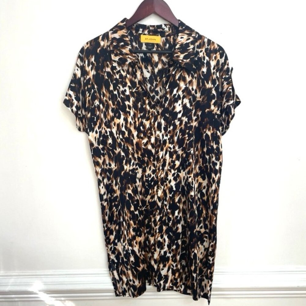 St. John Silk Shift Dress Women's 10 Black Animal Print Neutral Classy Lux